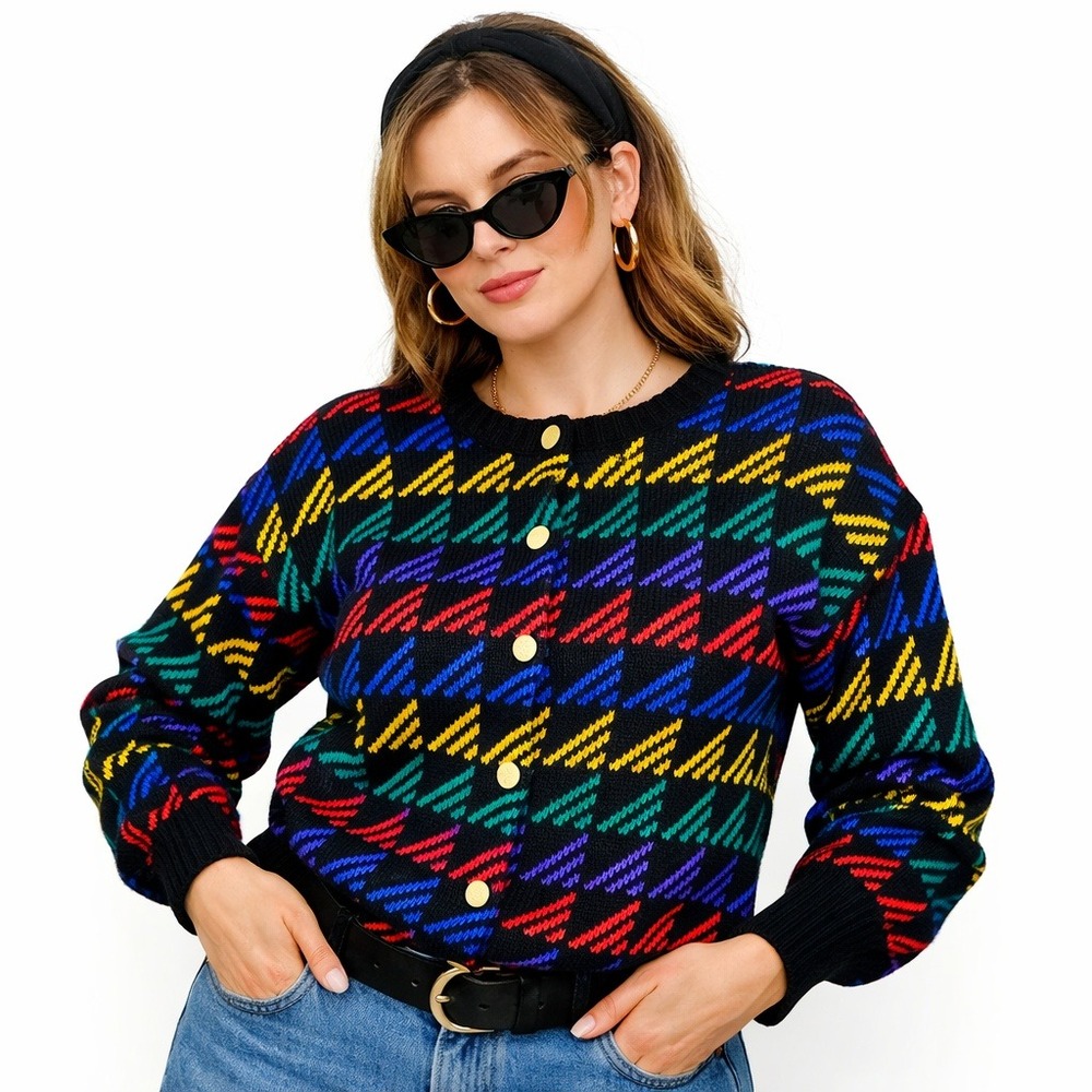 Vintage Willow Ridge Rainbow Geometric Cardigan‎ Sweater Black M Quirky Art Core
